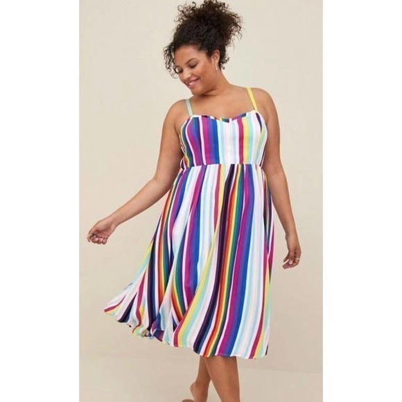 Torrid Plus Size 0 (0X) Striped Rainbow Flag Pride Challis Skater Midi Dress New - Picture 1 of 3